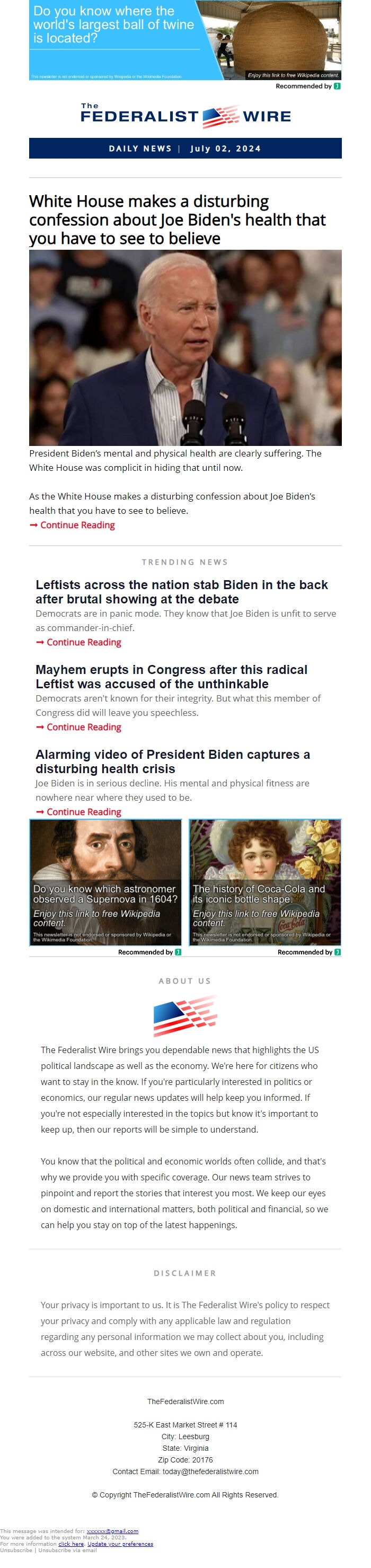 Screenshot of the email generated on import