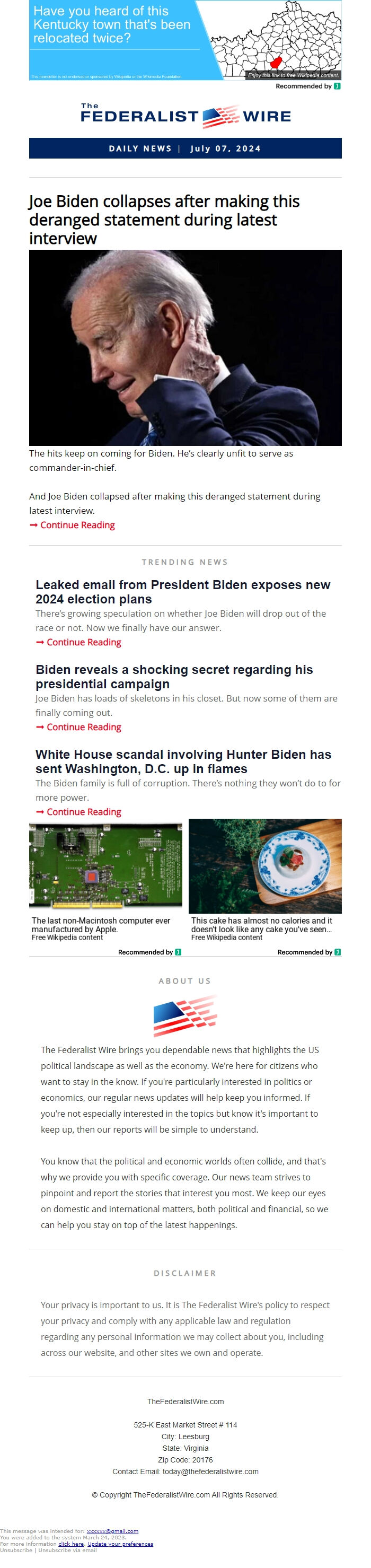 Screenshot of the email generated on import