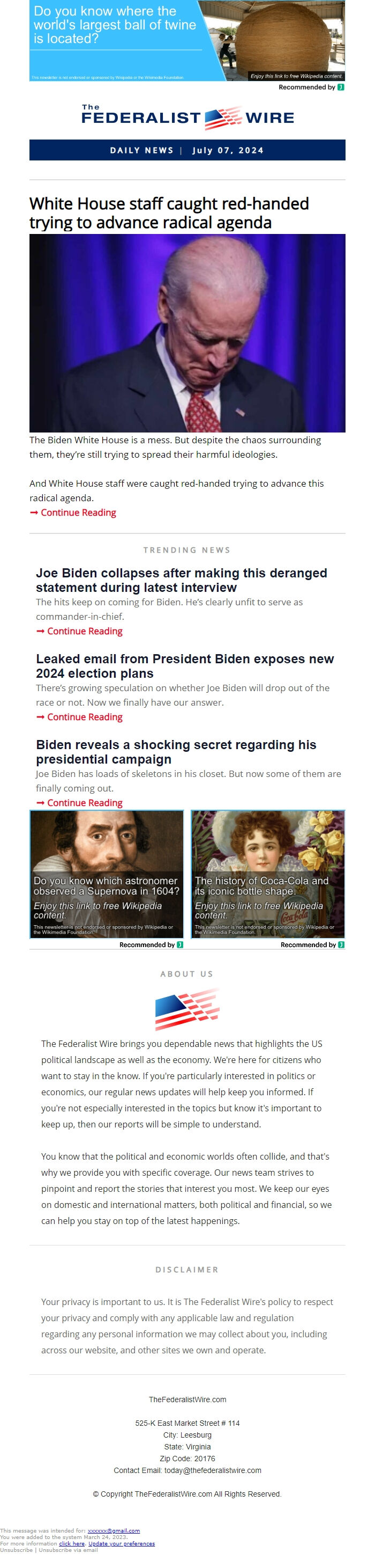 Screenshot of the email generated on import