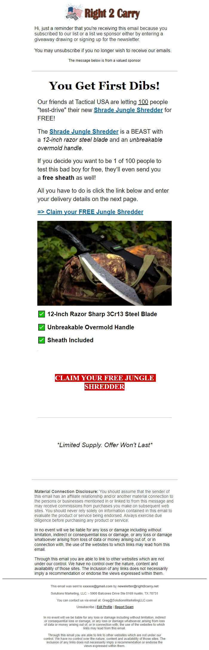 Screenshot of the email generated on import