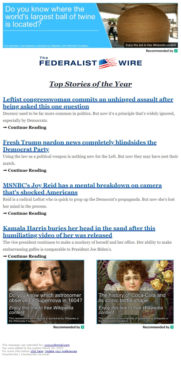 Screenshot of the email generated on import