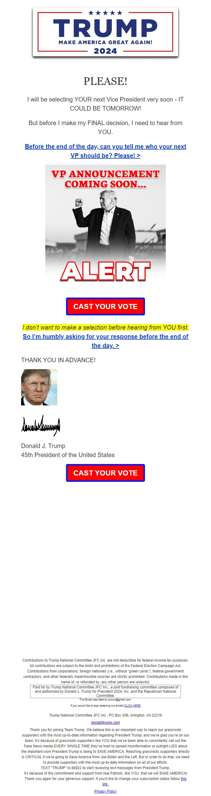 Screenshot of the email generated on import