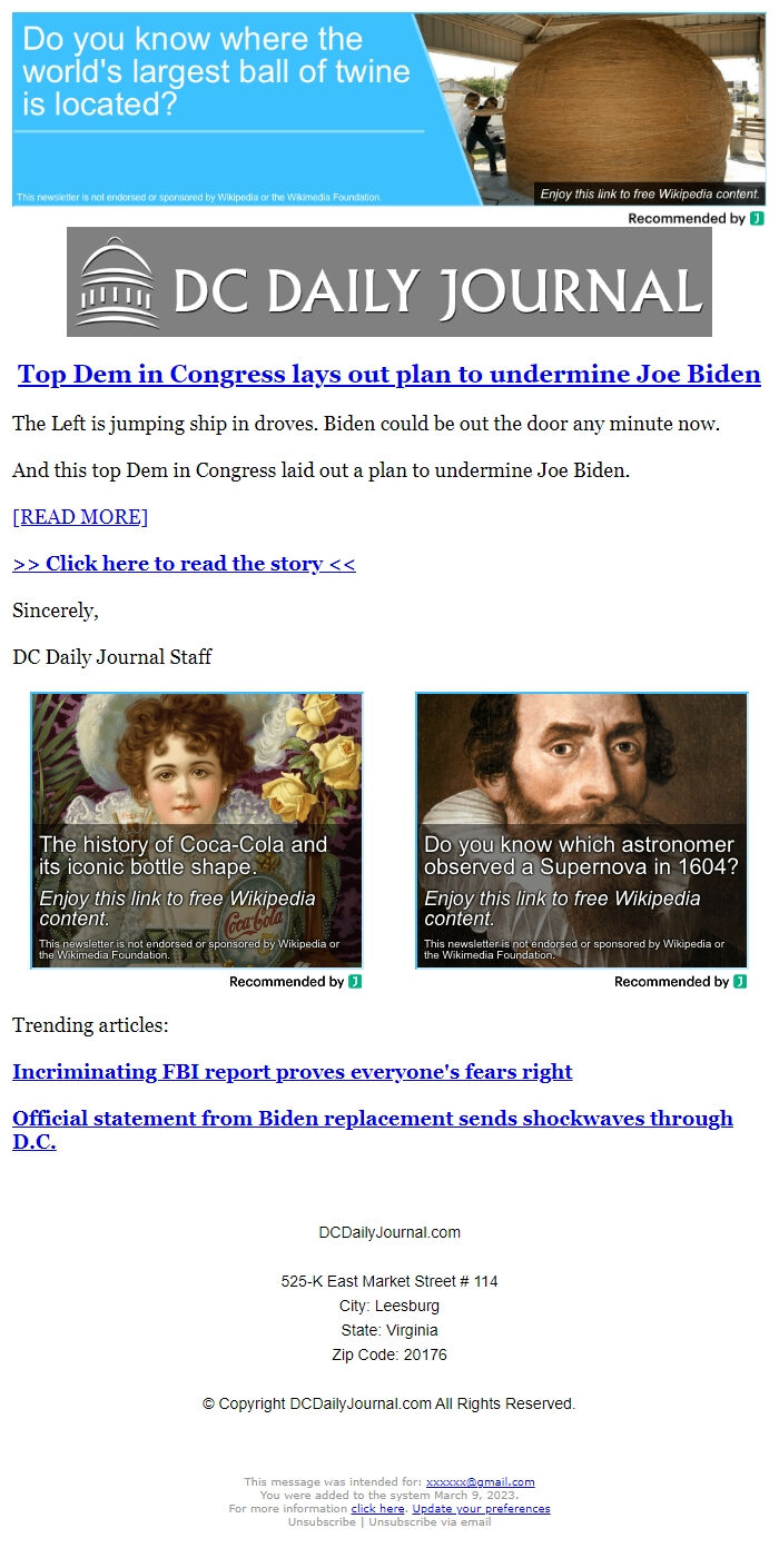 Screenshot of the email generated on import