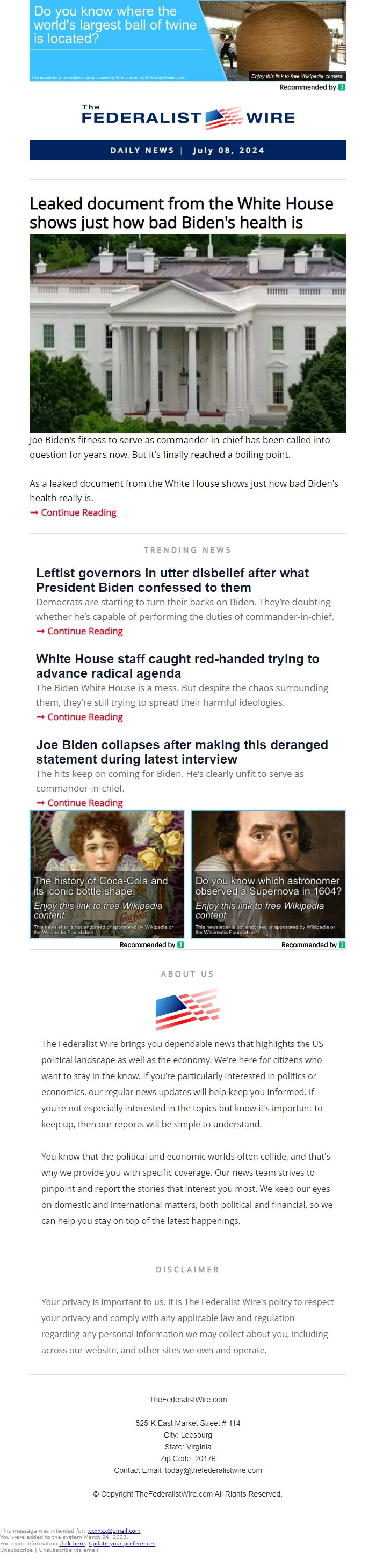 Screenshot of the email generated on import