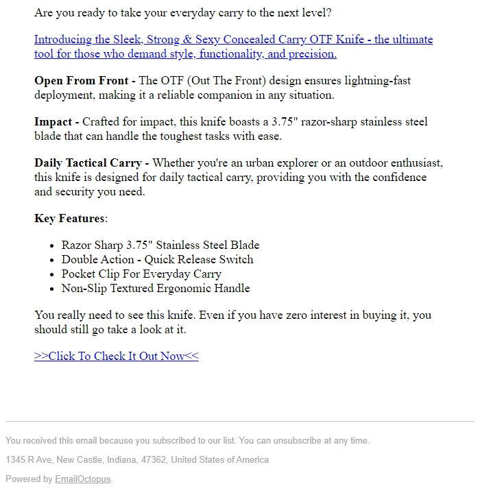 Screenshot of the email generated on import