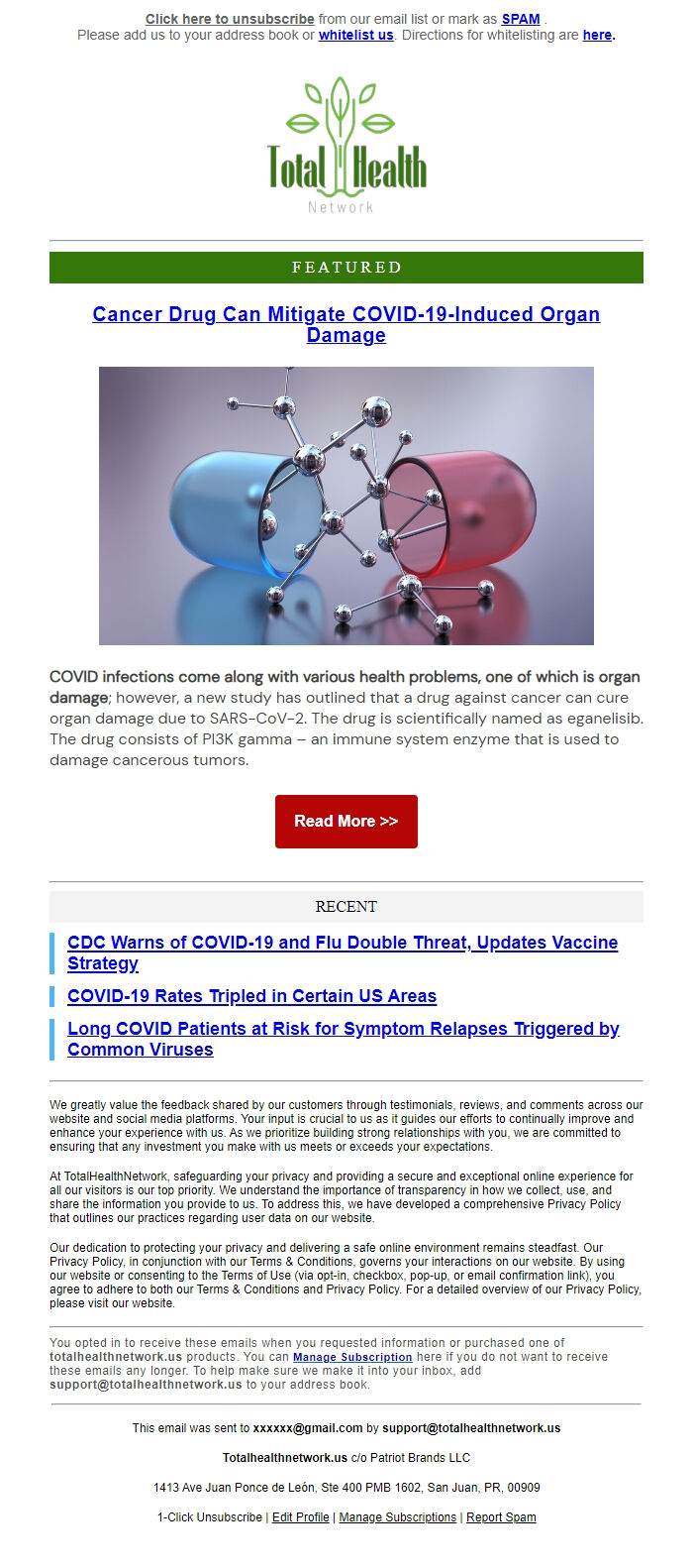 Screenshot of the email generated on import