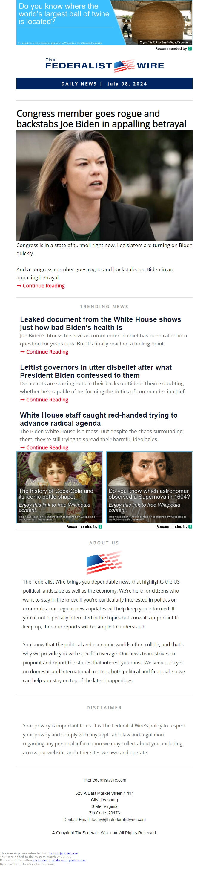 Screenshot of the email generated on import