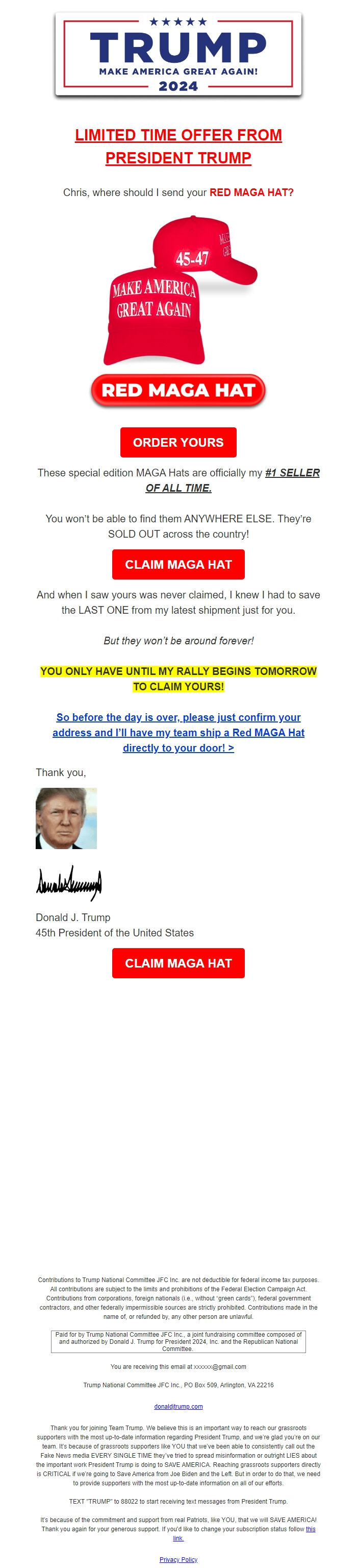 Screenshot of the email generated on import
