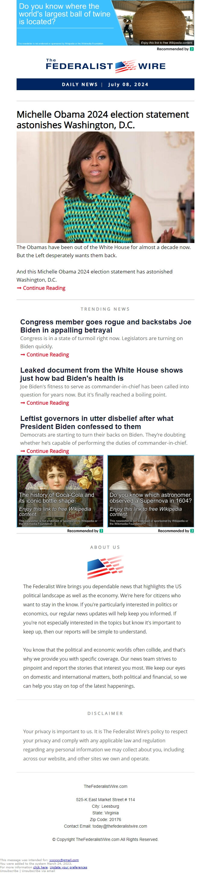 Screenshot of the email generated on import