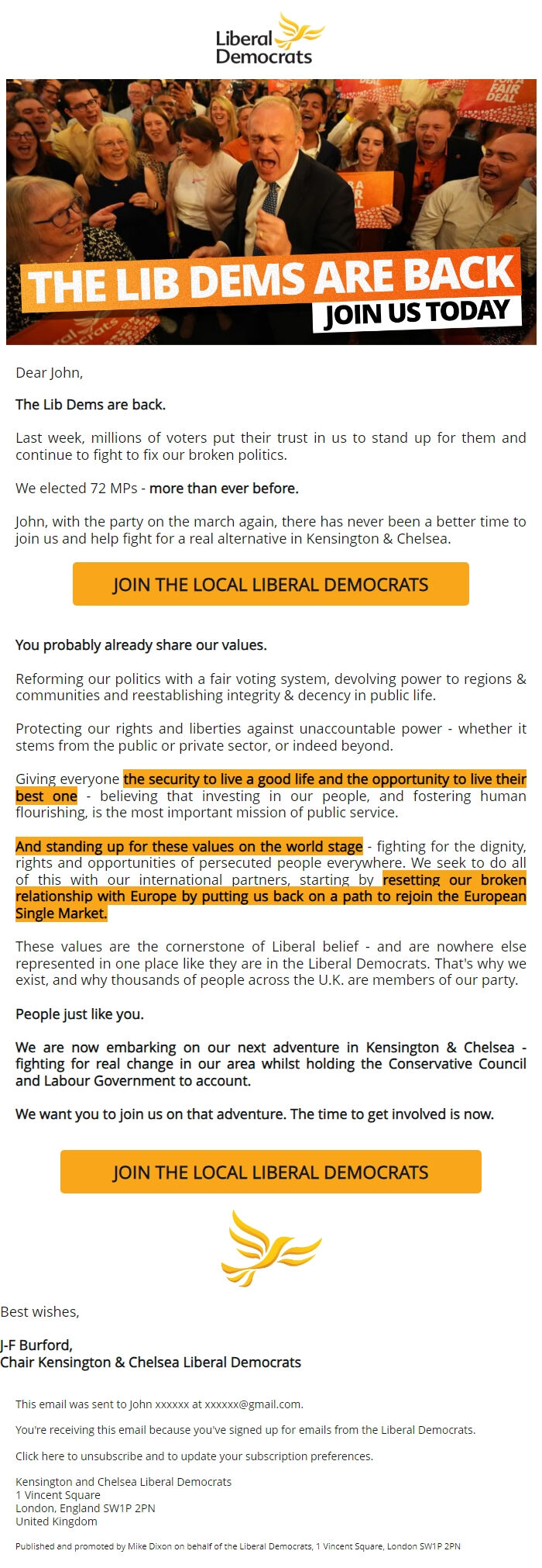 Screenshot of the email generated on import