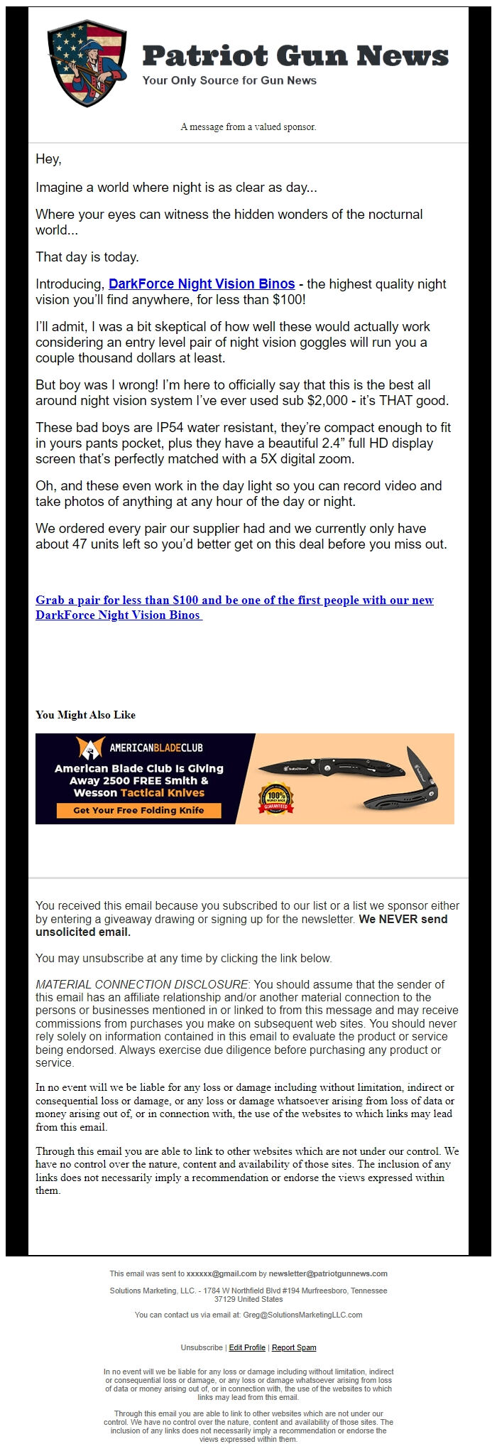 Screenshot of the email generated on import