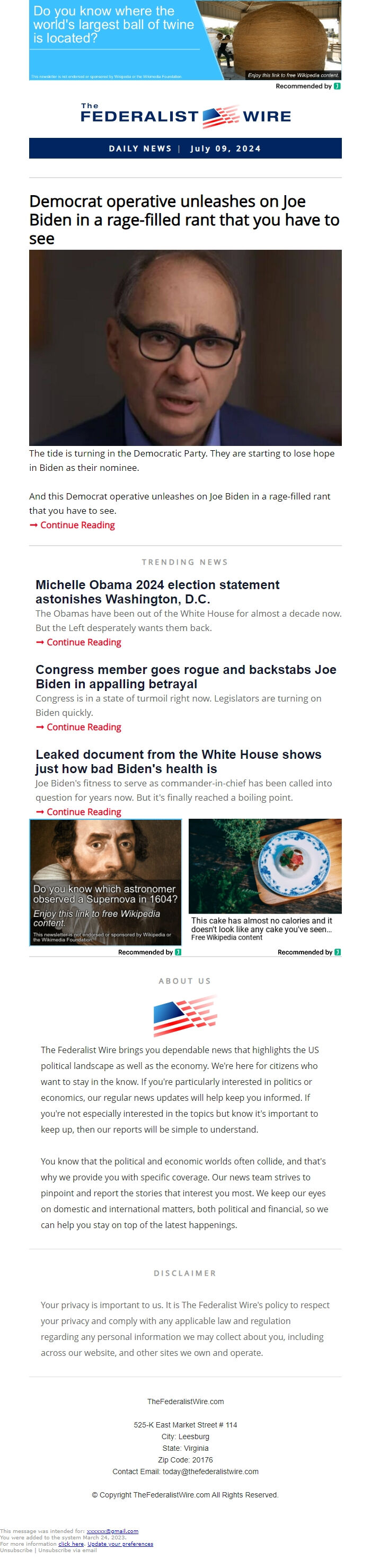 Screenshot of the email generated on import