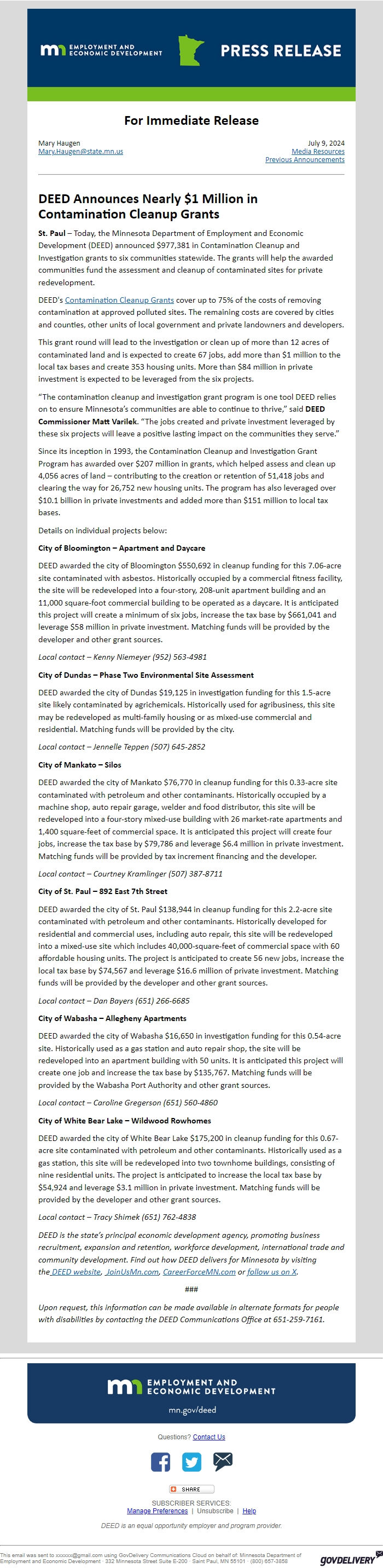 Screenshot of the email generated on import