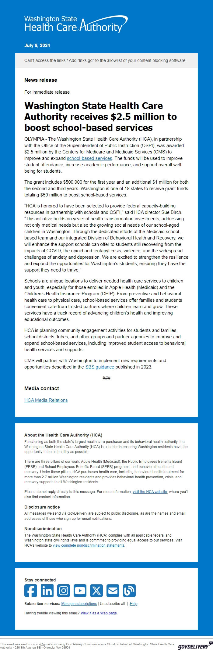 Screenshot of the email generated on import