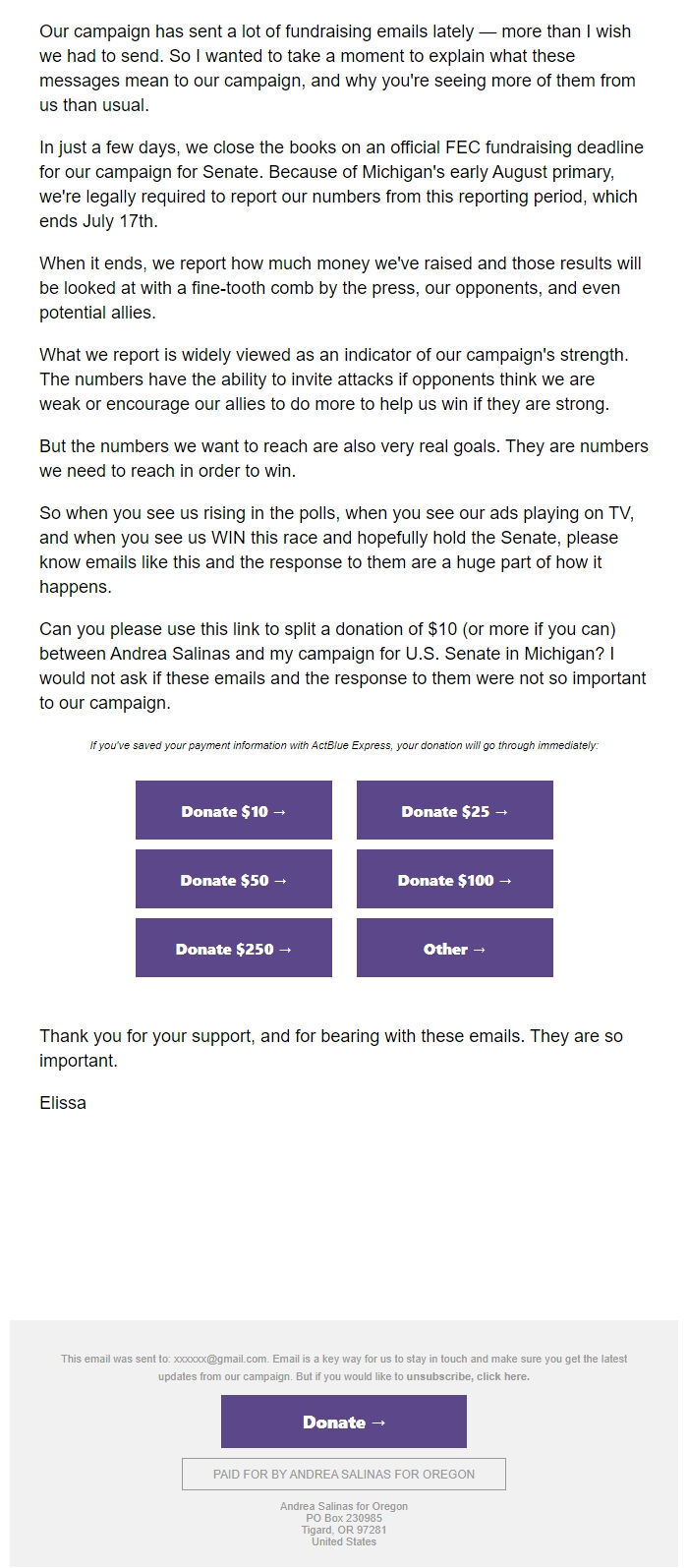 Screenshot of the email generated on import