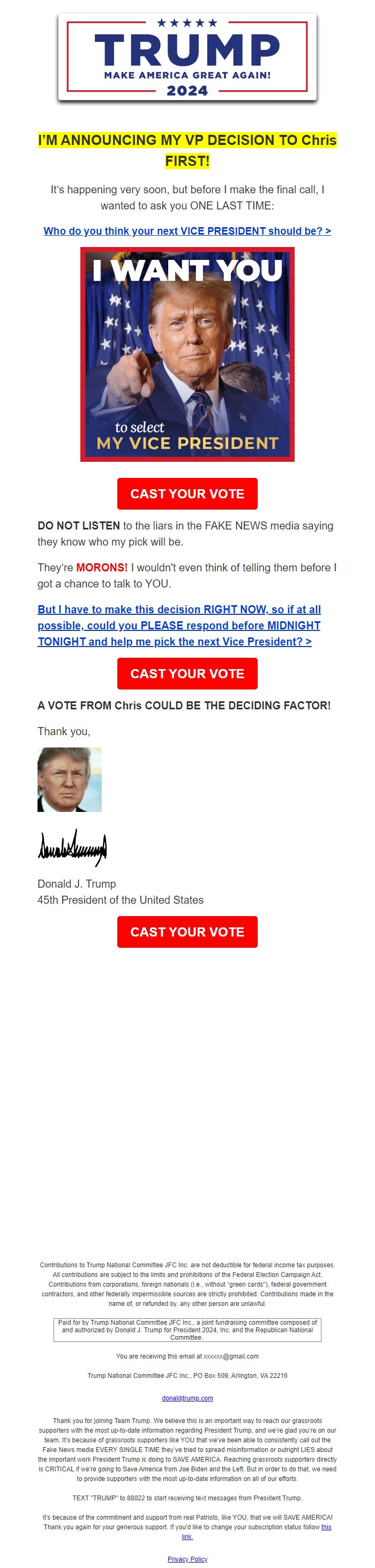 Screenshot of the email generated on import