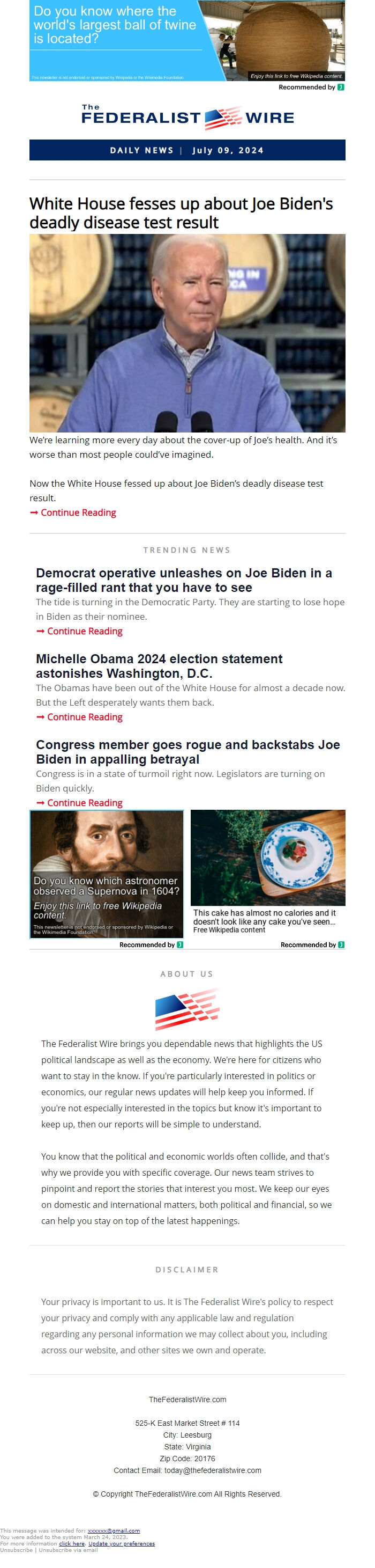 Screenshot of the email generated on import