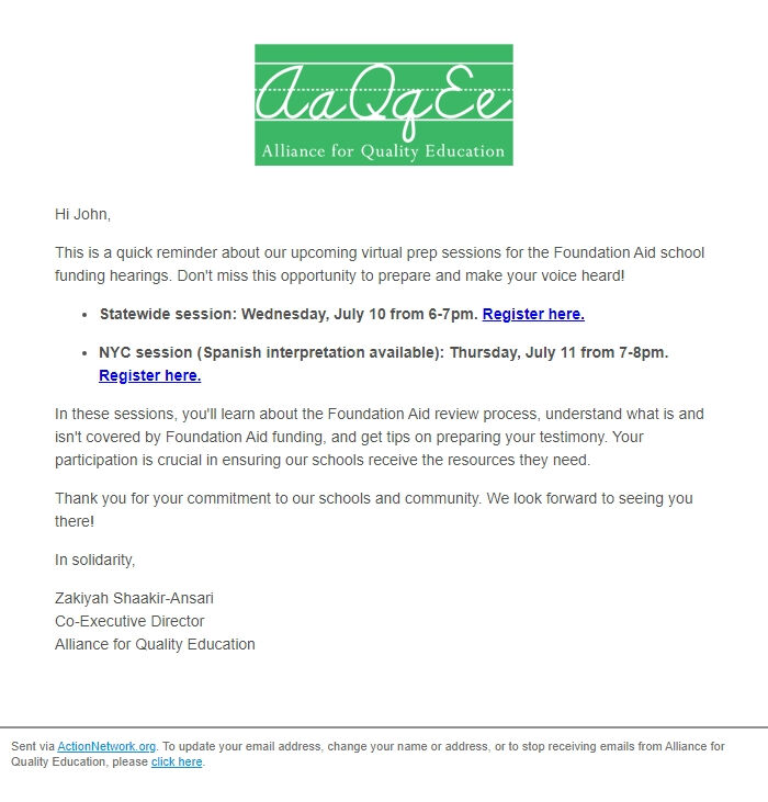 Screenshot of the email generated on import