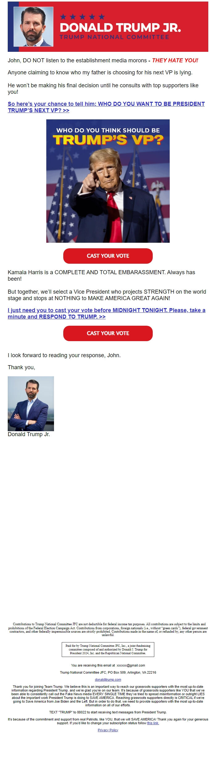 Screenshot of the email generated on import