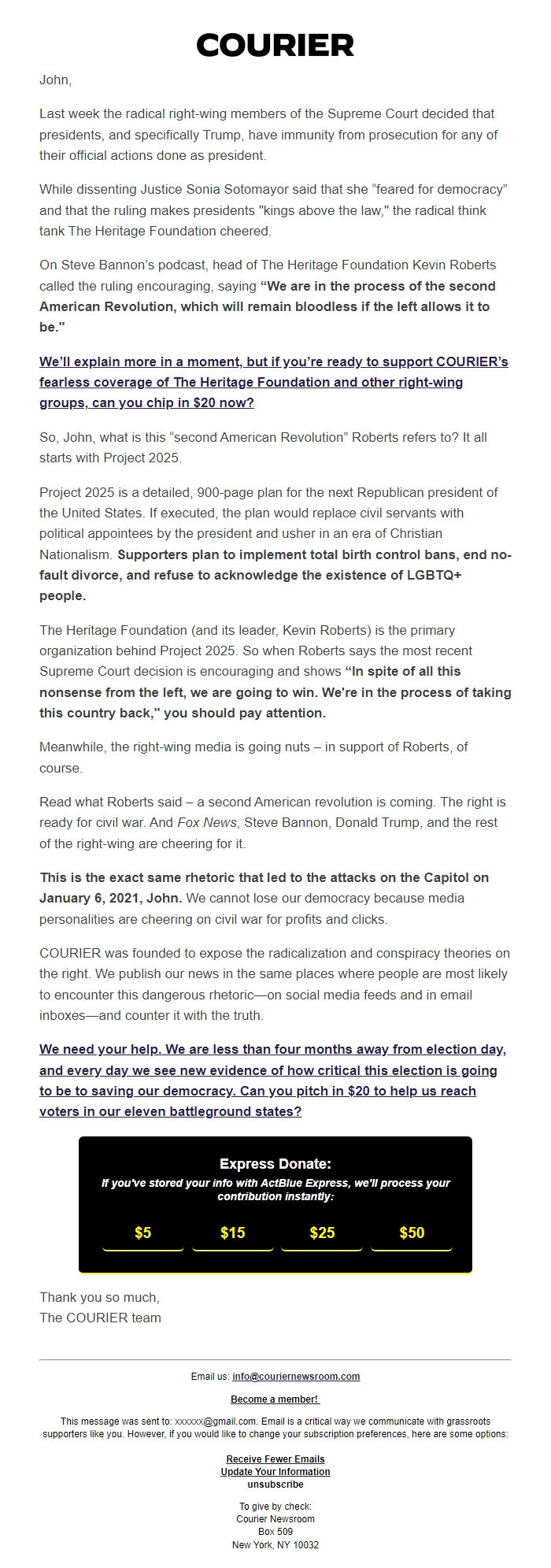 Screenshot of the email generated on import