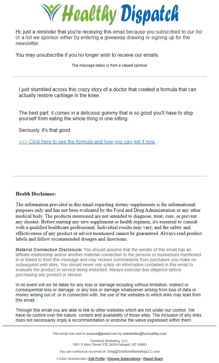 Screenshot of the email generated on import