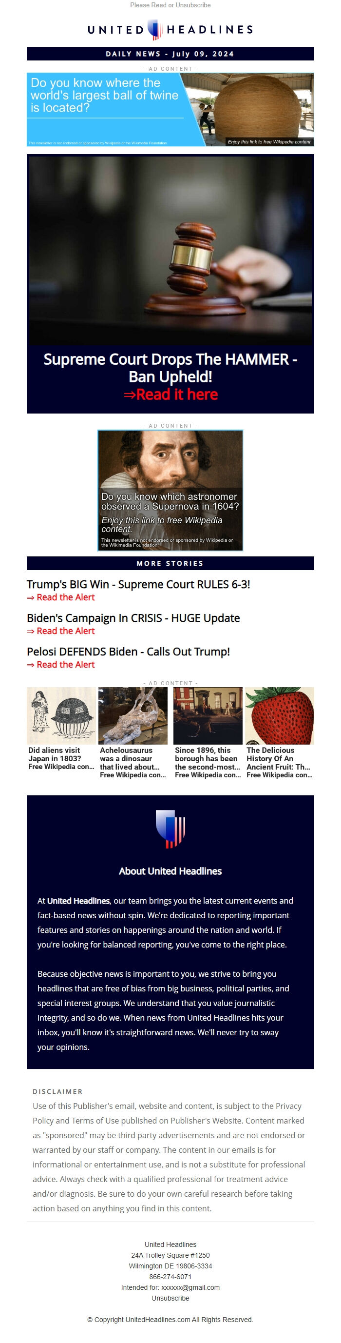 Screenshot of the email generated on import
