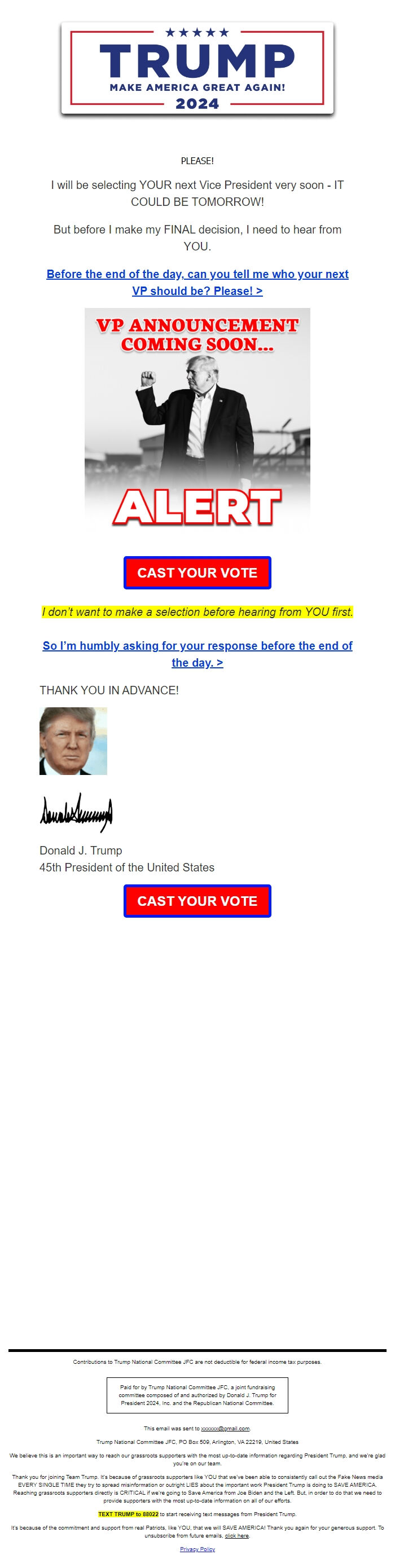 Screenshot of the email generated on import