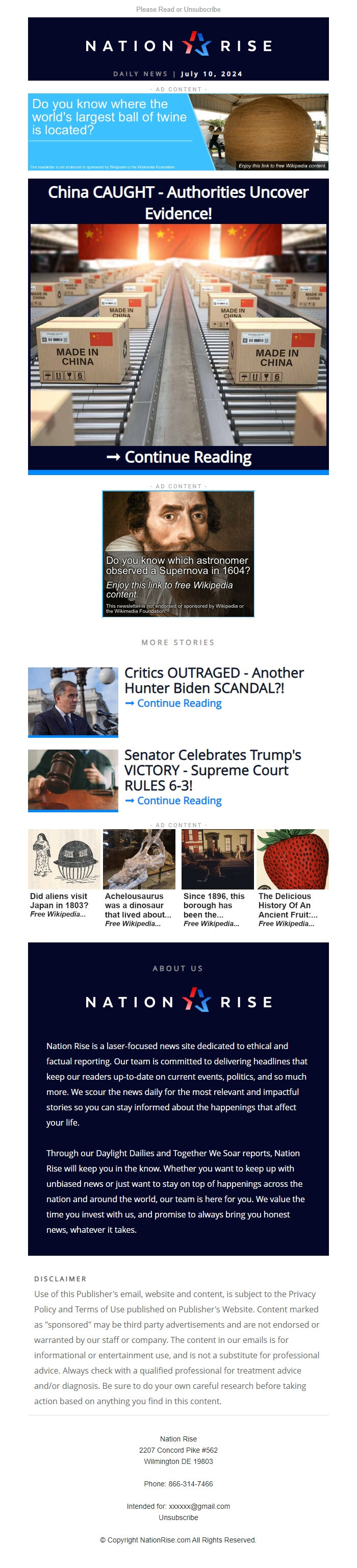 Screenshot of the email generated on import