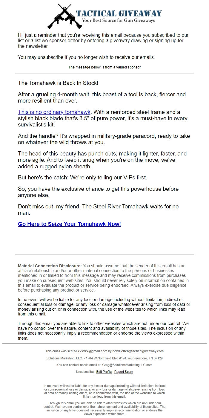 Screenshot of the email generated on import