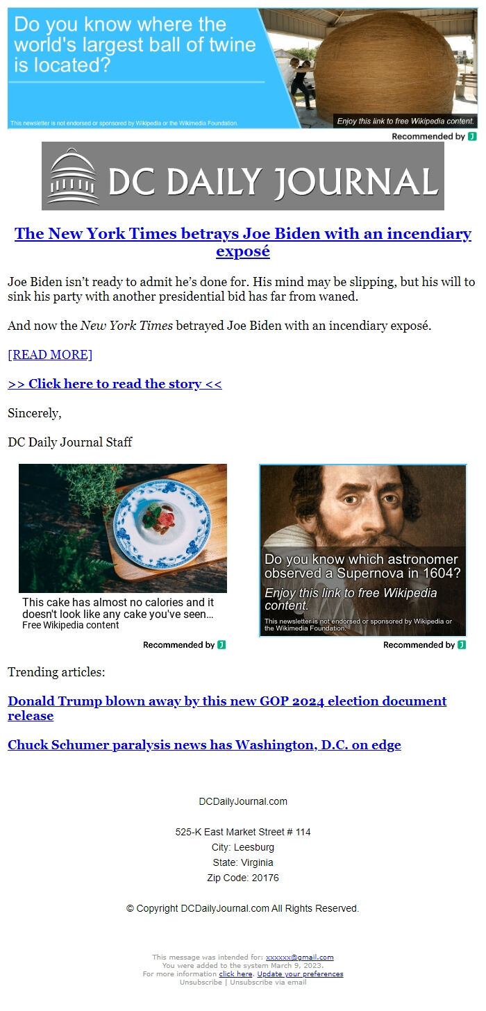 Screenshot of the email generated on import