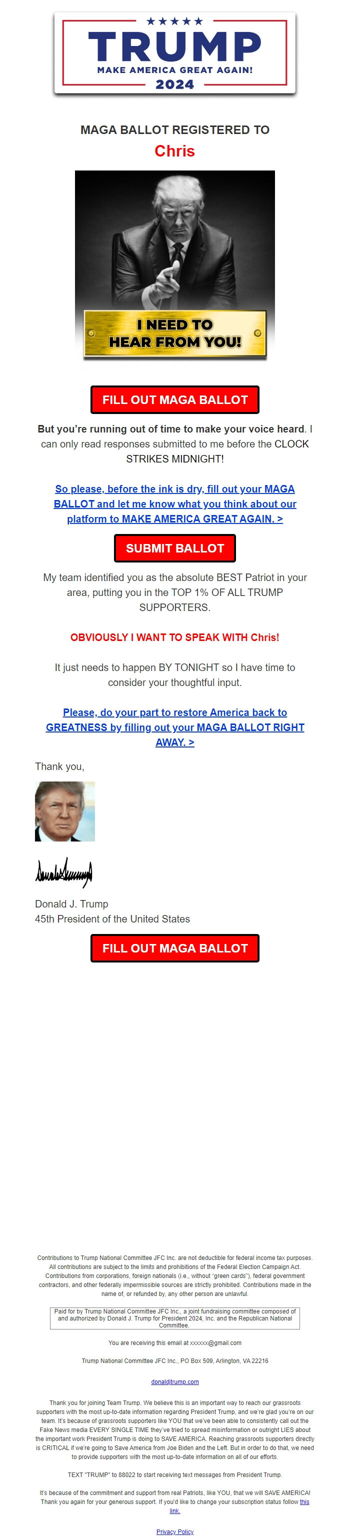 Screenshot of the email generated on import