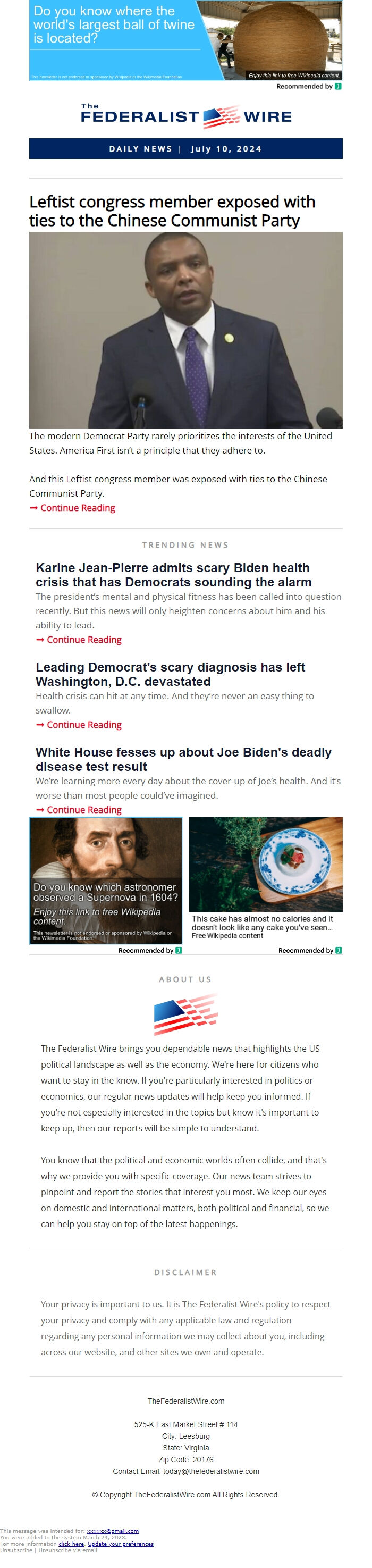 Screenshot of the email generated on import