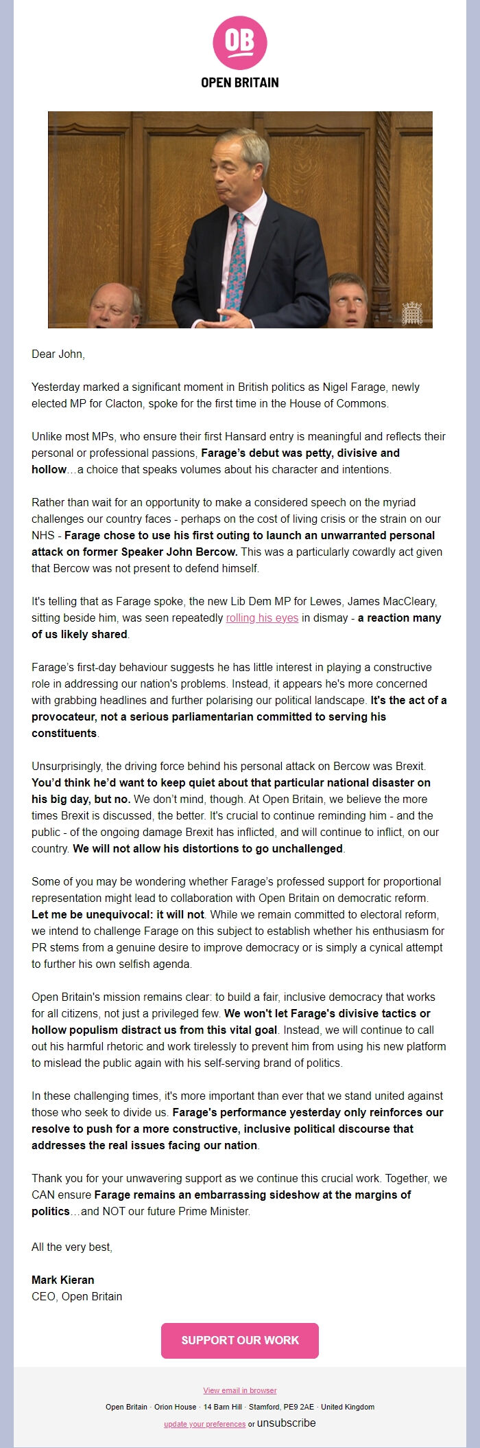 Screenshot of the email generated on import