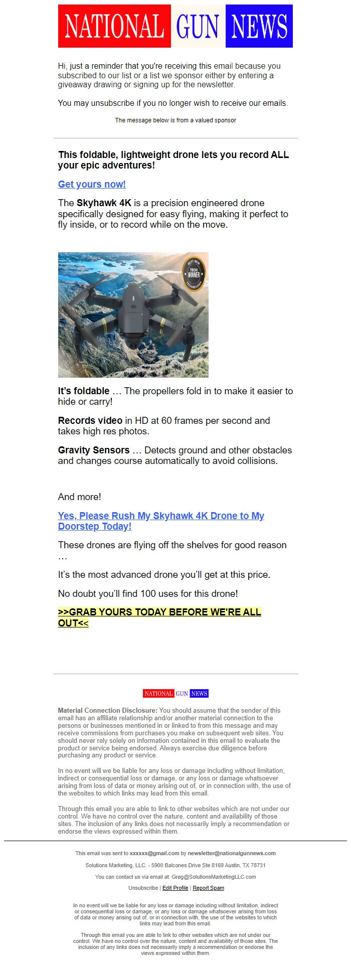 Screenshot of the email generated on import