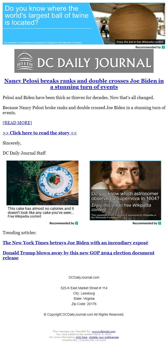 Screenshot of the email generated on import