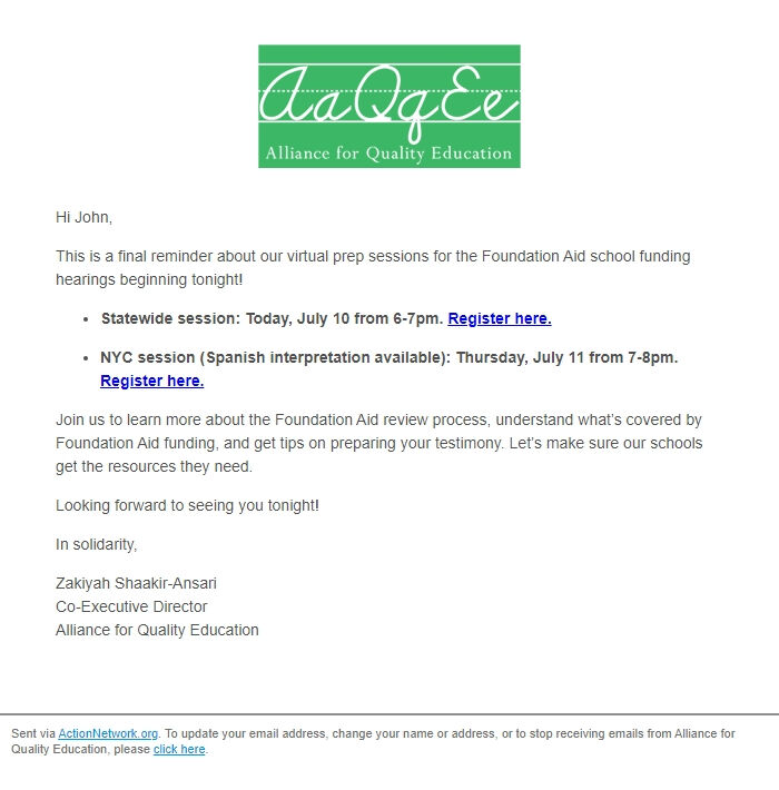 Screenshot of the email generated on import