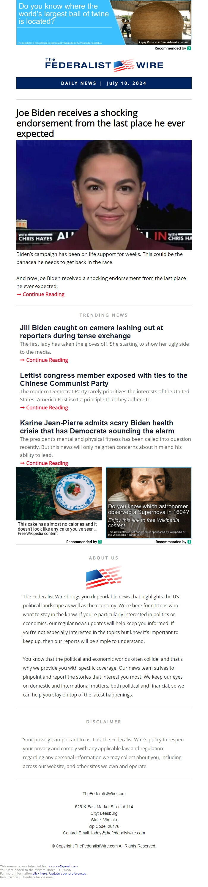 Screenshot of the email generated on import