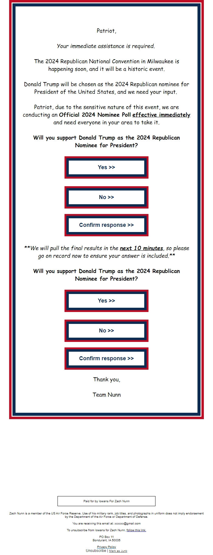 Screenshot of the email generated on import