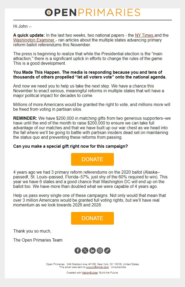 Screenshot of the email generated on import