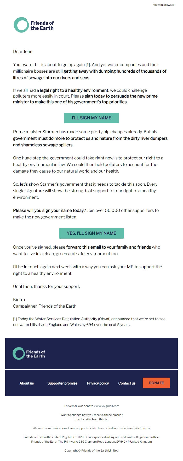 Screenshot of the email generated on import