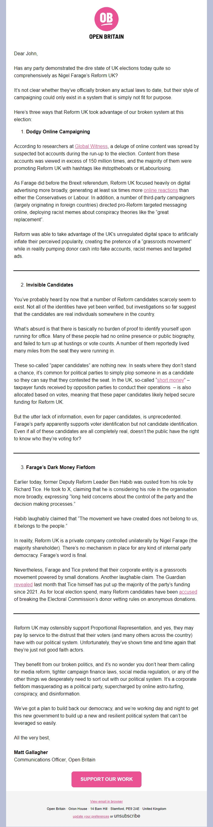 Screenshot of the email generated on import