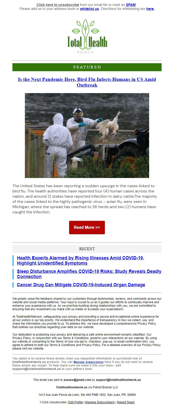 Screenshot of the email generated on import