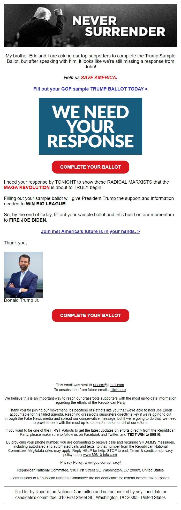 Screenshot of the email generated on import