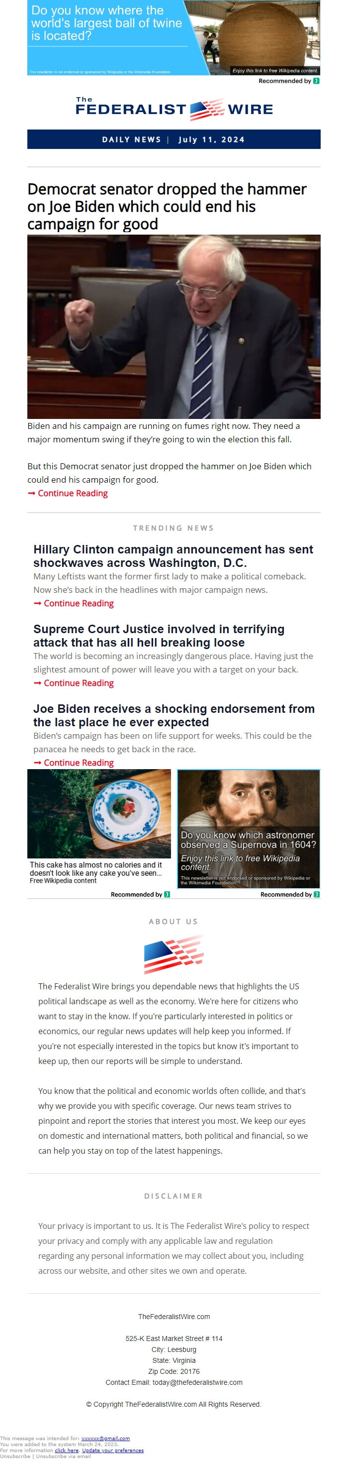 Screenshot of the email generated on import