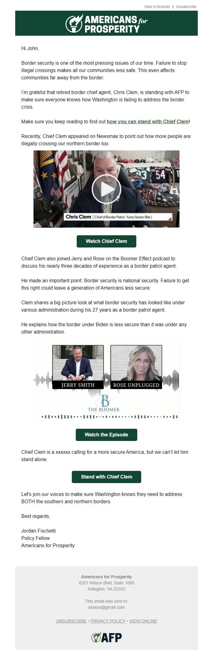 Screenshot of the email generated on import