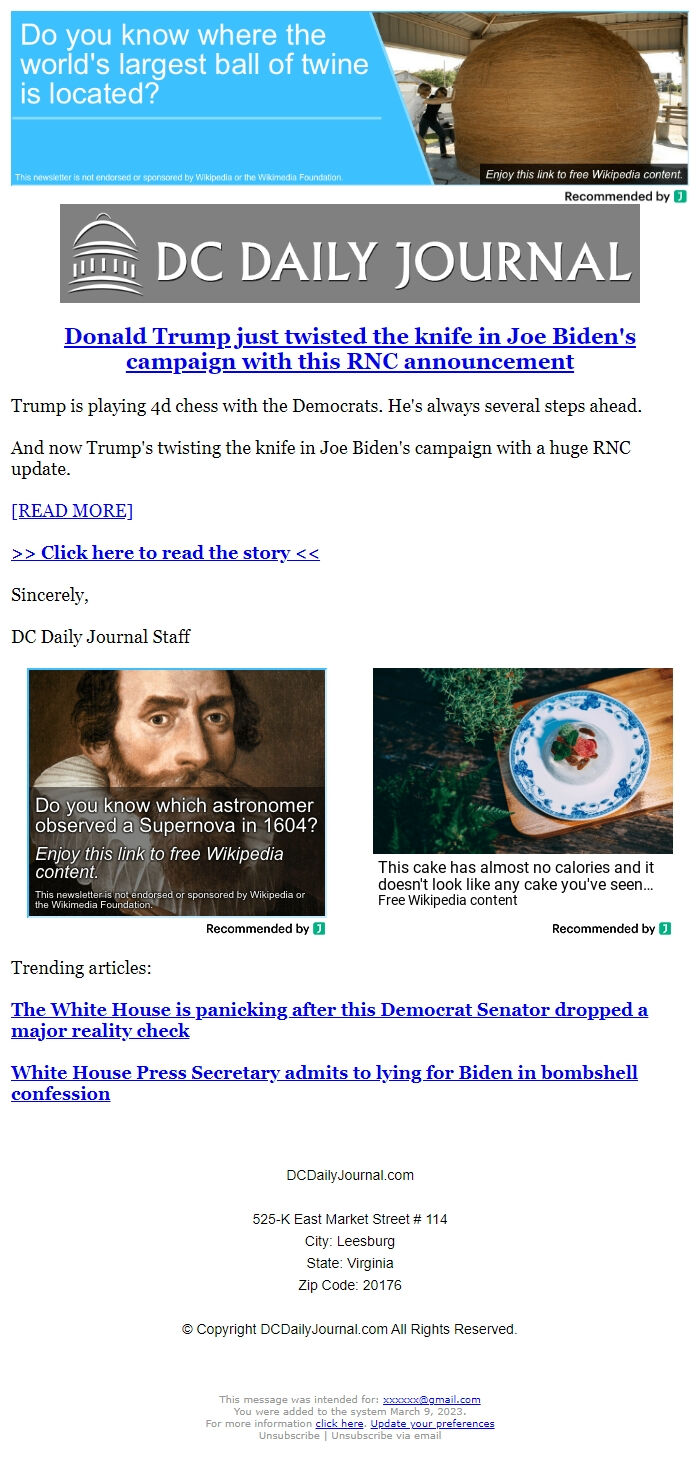 Screenshot of the email generated on import