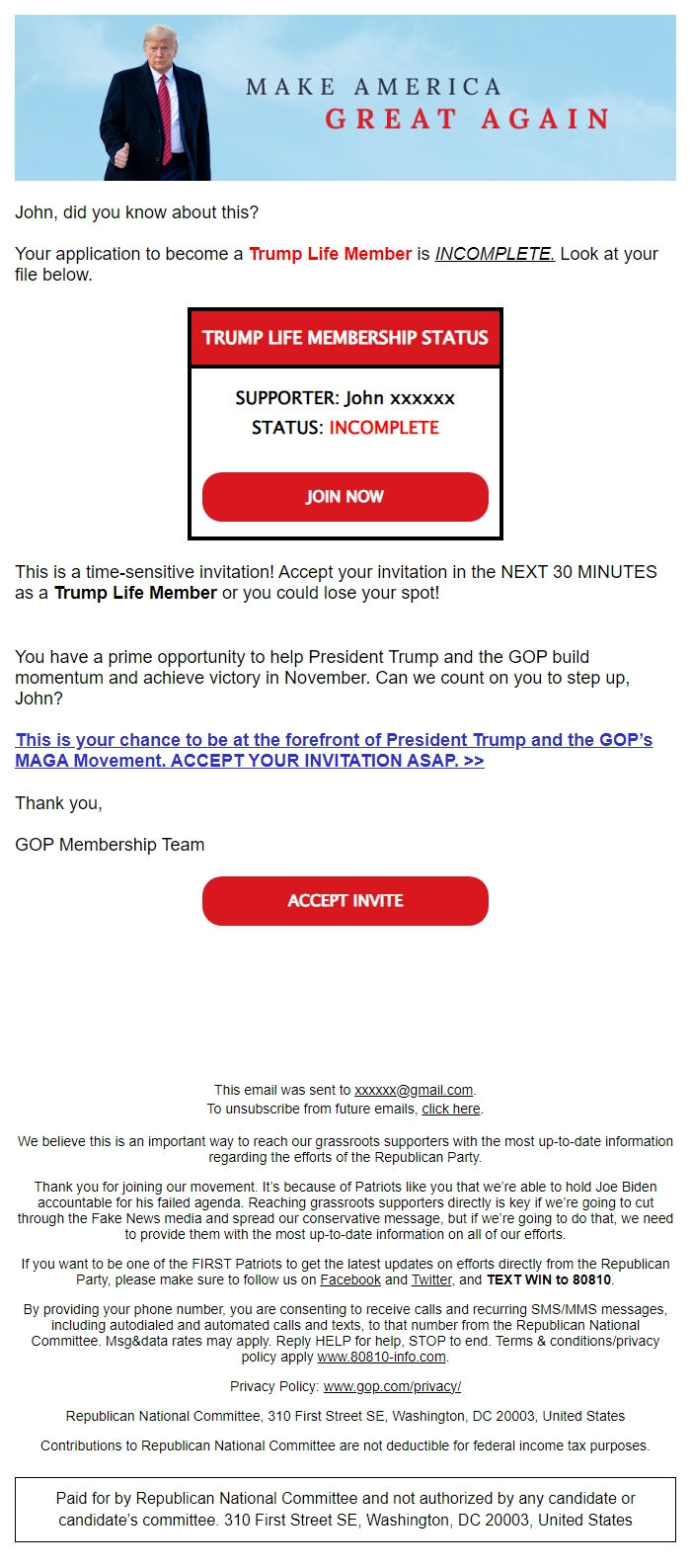 Screenshot of the email generated on import