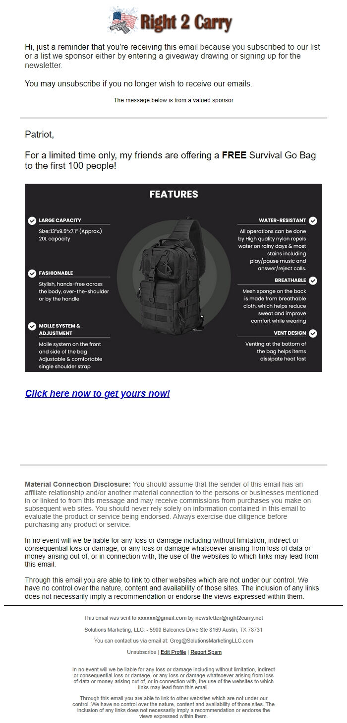 Screenshot of the email generated on import