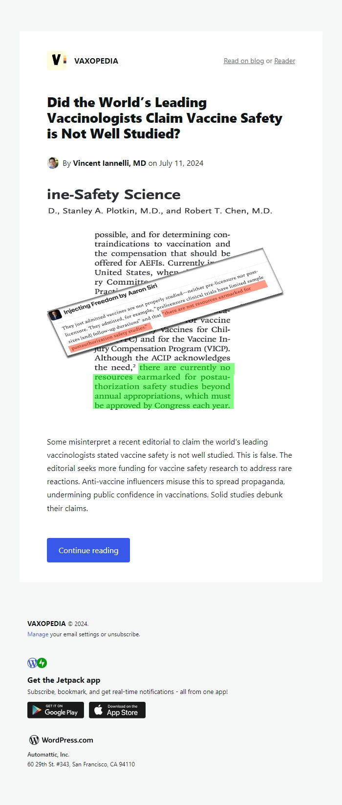 Screenshot of the email generated on import