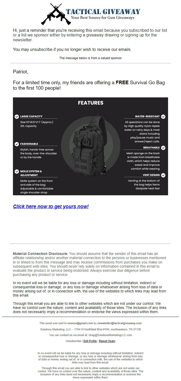 Screenshot of the email generated on import